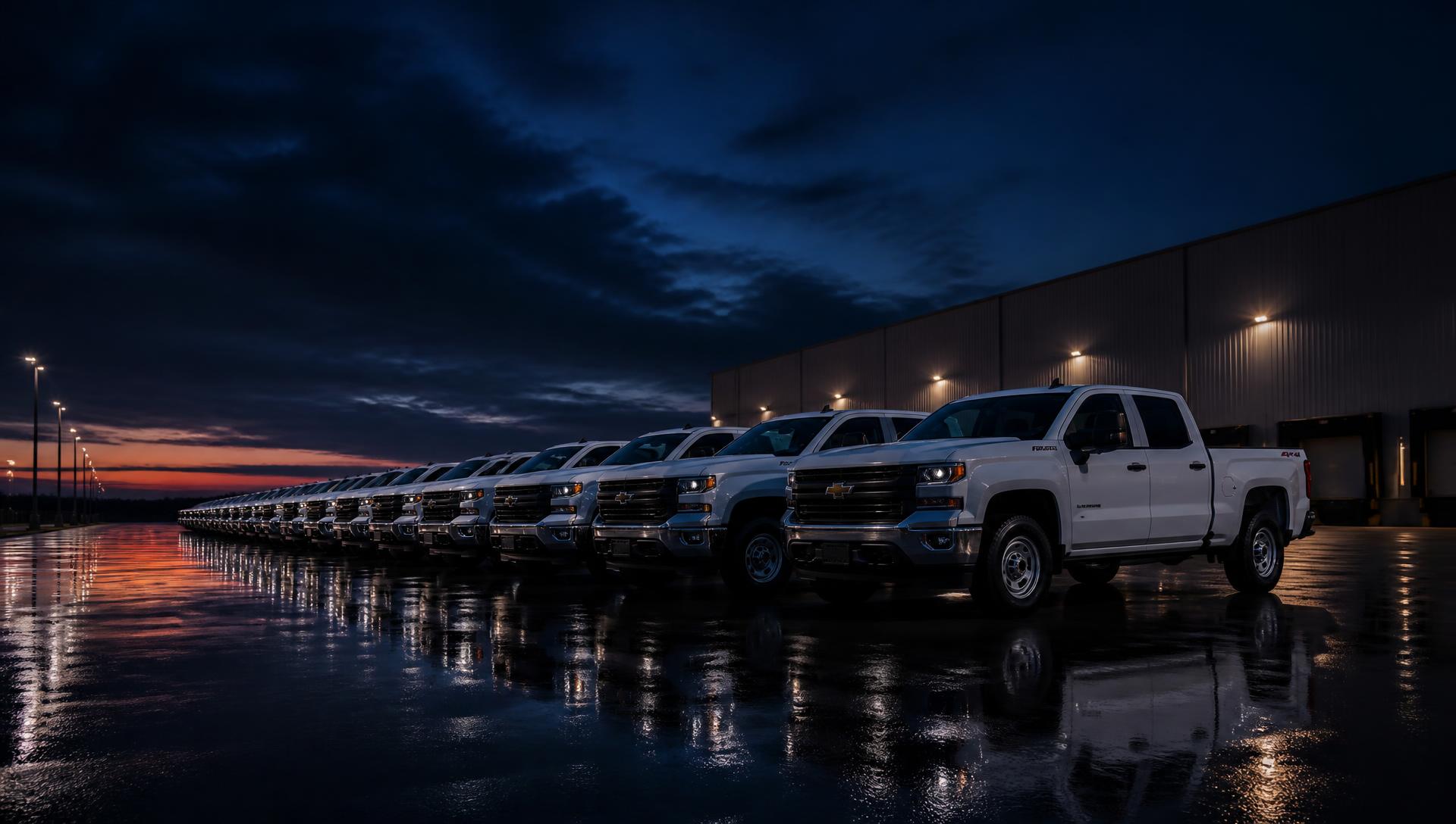 Flotilla de pickups blancas alineadas en un patio industrial al amanecer