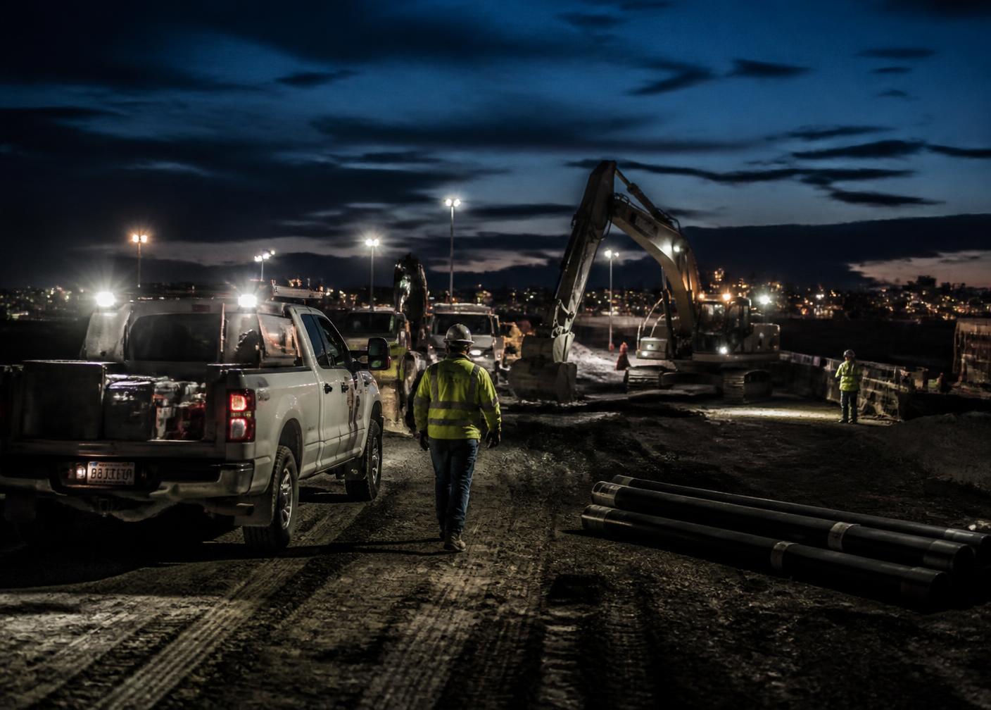 Obra de construcción nocturna con pickups de trabajo y maquinaria